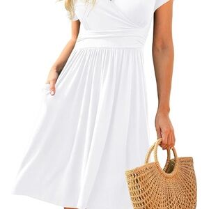 NWT Women’s White V-Neck Midi Dress with Short Sleeves Size L